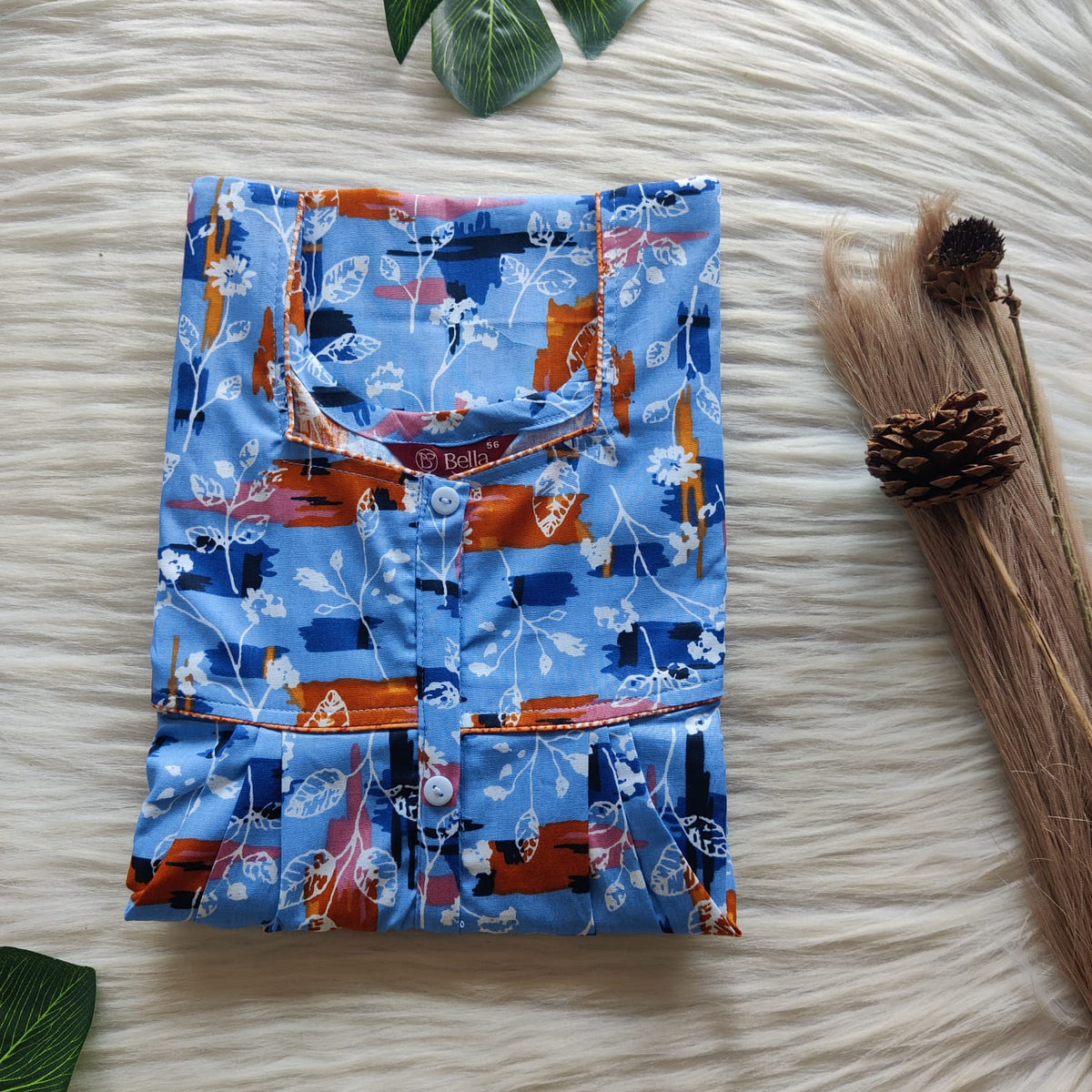 Blue And Brown Printed Premium Cotton Button Zip Nighty | Free Size | Chest Width 44″| Length 55″-56″