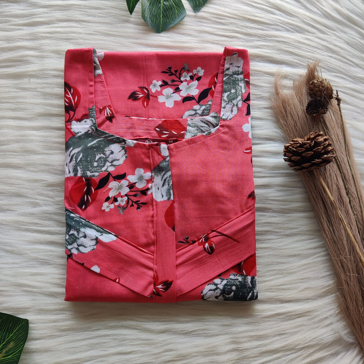 Peach Floral Printed Premium Cotton Horizontal Zip Feeding Nighty | Free Size | Chest Width 44″| Length 54″-56″|