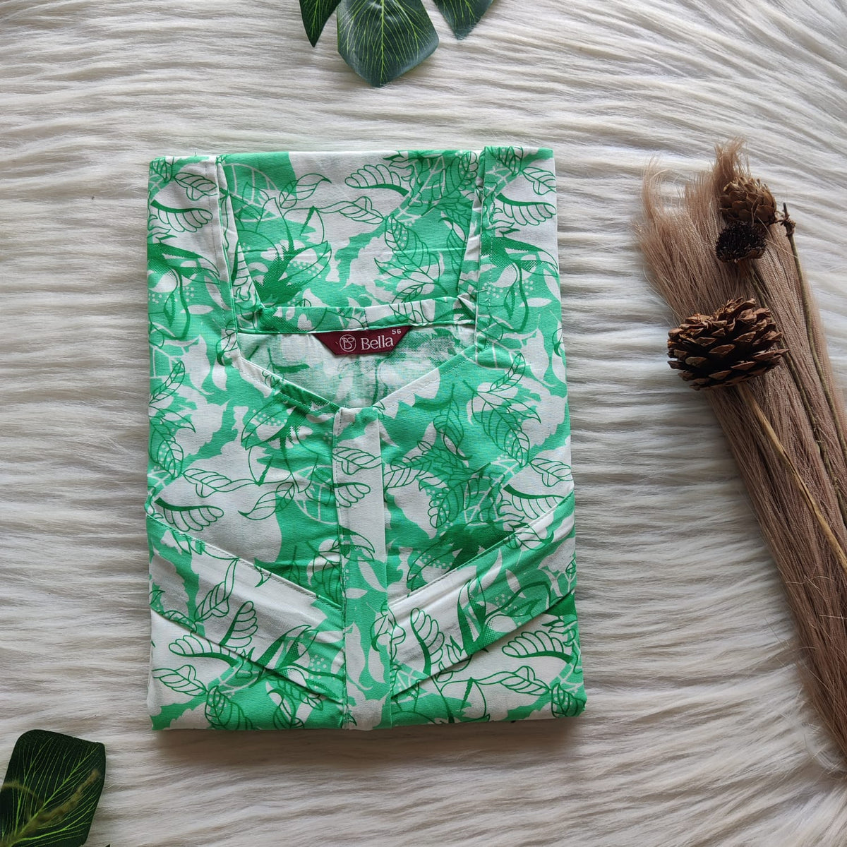 Green And White Printed Premium Cotton Horizontal Zip Feeding Nighty | Free Size | Chest Width 44″| Length 54″-56″|