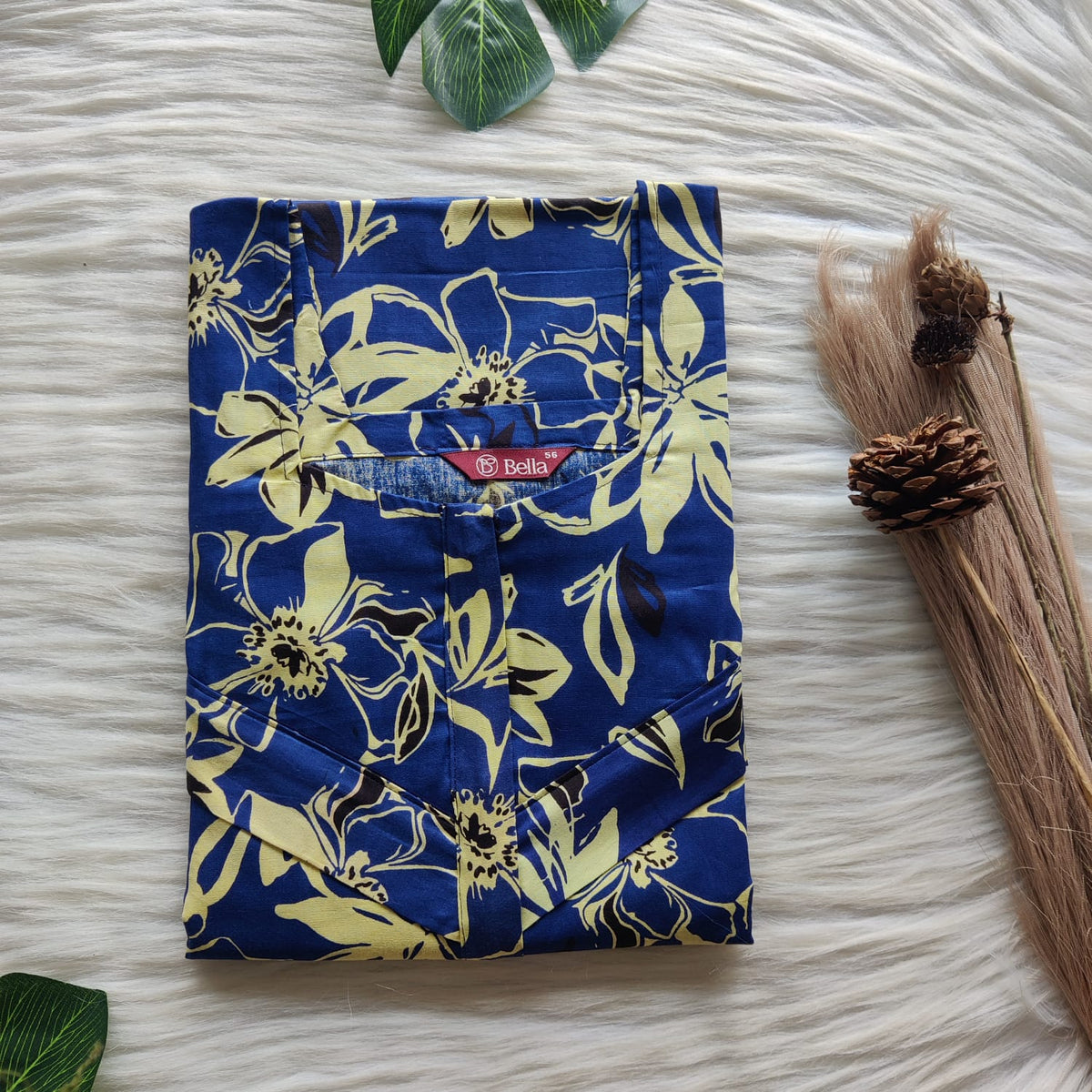 Yellow Floral Printed Blue Premium Cotton Horizontal Zip Feeding Nighty | Free Size | Chest Width 44″| Length 54″-56″|