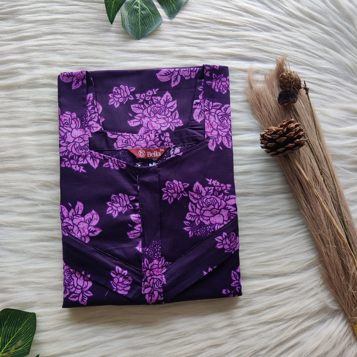 Pink Floral Printed Purple Premium Cotton Horizontal Zip Feeding Nighty | Free Size | Chest Width 44″| Length 54″-56″|