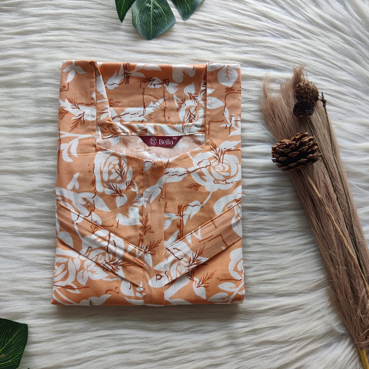 Pale Orange And White Floral Printed Premium Cotton Horizontal Zip Feeding Nighty | Free Size | Chest Width 44″| Length 54″-56″|