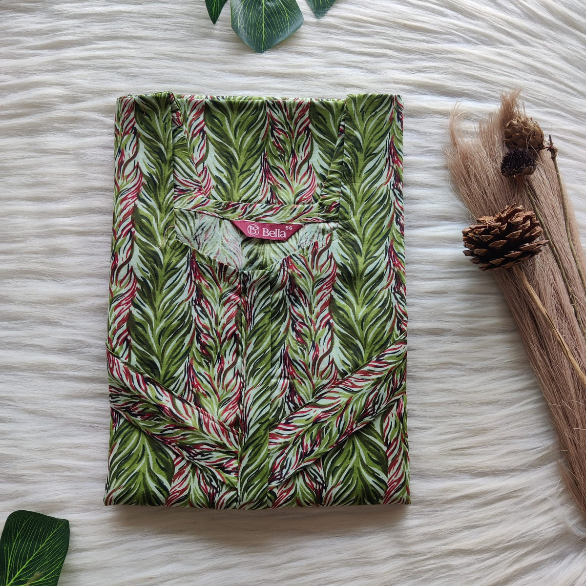 Green Printed Premium Cotton Horizontal Zip Feeding Nighty | Free Size | Chest Width 44″| Length 54″-56″|