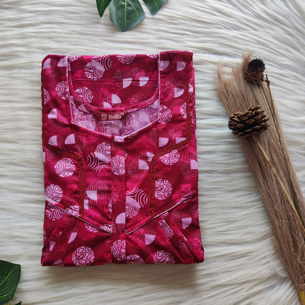 Maroon Dot Printed Premium Cotton Long Zip Lace Feeding Nighty | Free Size | Chest Width 44″| Length 56″