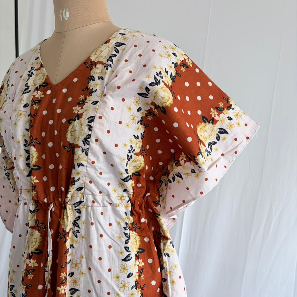 Brown And White Dot Printed Premium Cotton Feeding Kaftan | Free Size | Chest Width 44″| Length 56″
