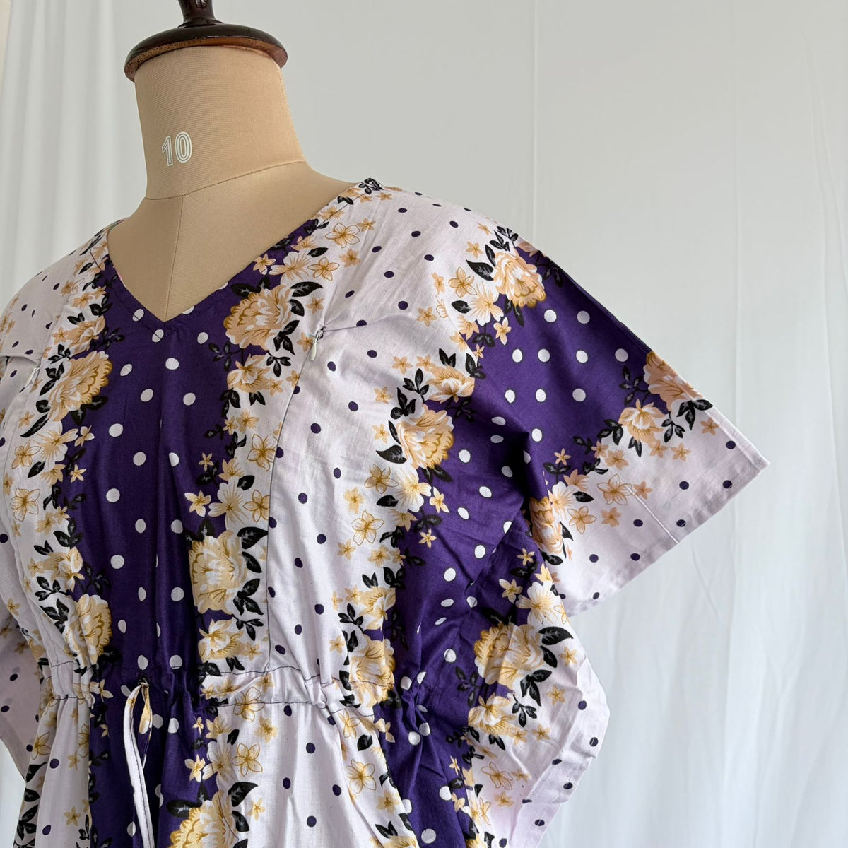 Purple And White Dot Printed Premium Cotton Feeding Kaftan | Free Size | Chest Width 44″| Length 56″
