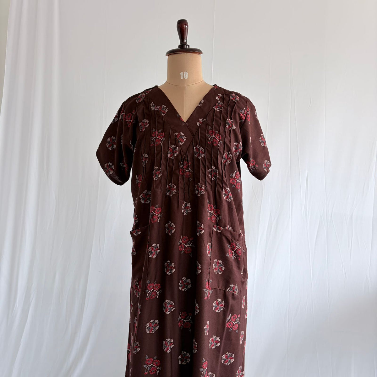 Coffee Brown Printed V-Neck Alfine Churidar Cut Nighty | Free Size | Chest Width 44″| Length 56″