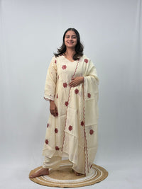 Maroon Floral Embroidered Ivory 3 Piece Set