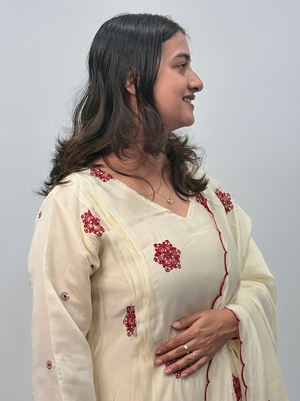 Maroon Floral Embroidered Ivory 3 Piece Set