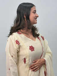 Maroon Floral Embroidered Ivory 3 Piece Set