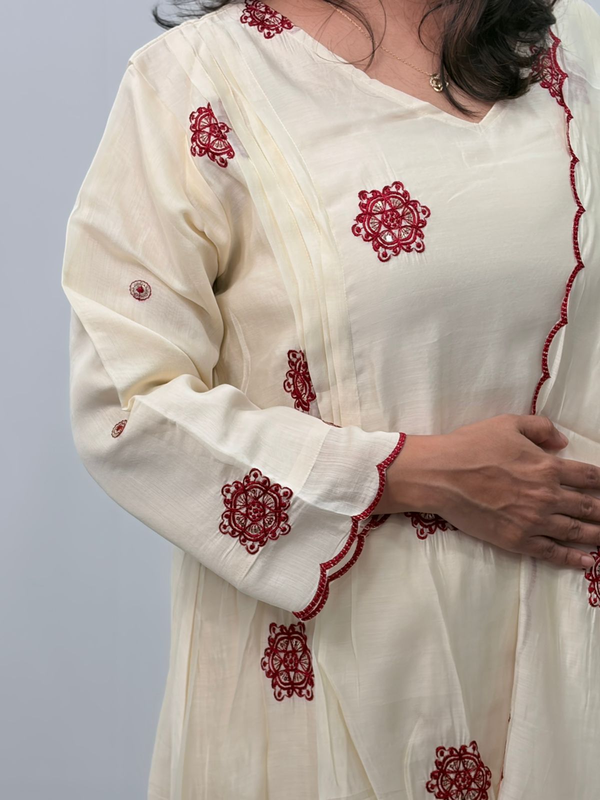 Maroon Floral Embroidered Ivory 3 Piece Set