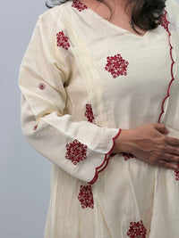 Maroon Floral Embroidered Ivory 3 Piece Set