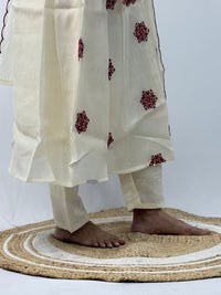 Maroon Floral Embroidered Ivory 3 Piece Set
