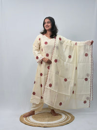 Maroon Floral Embroidered Ivory 3 Piece Set