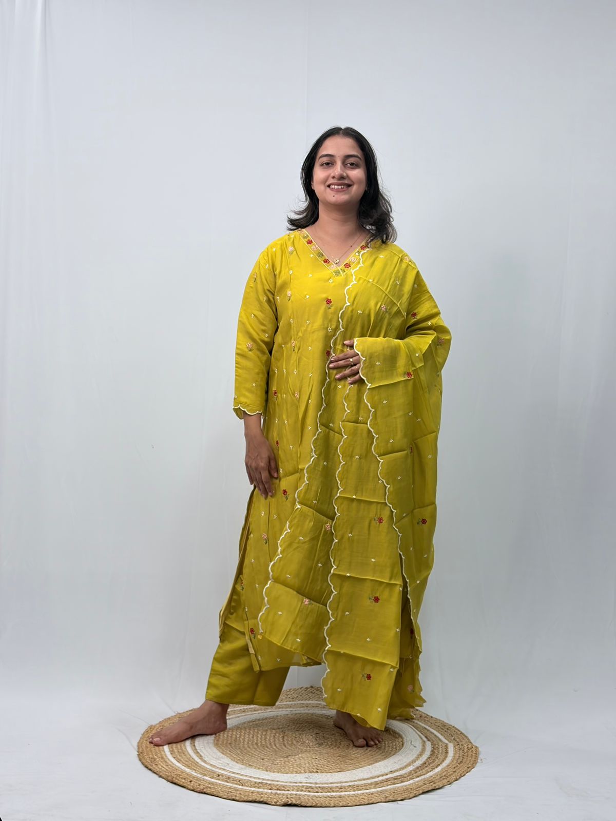 Pista Green Floral Embroidered 3 Piece Set