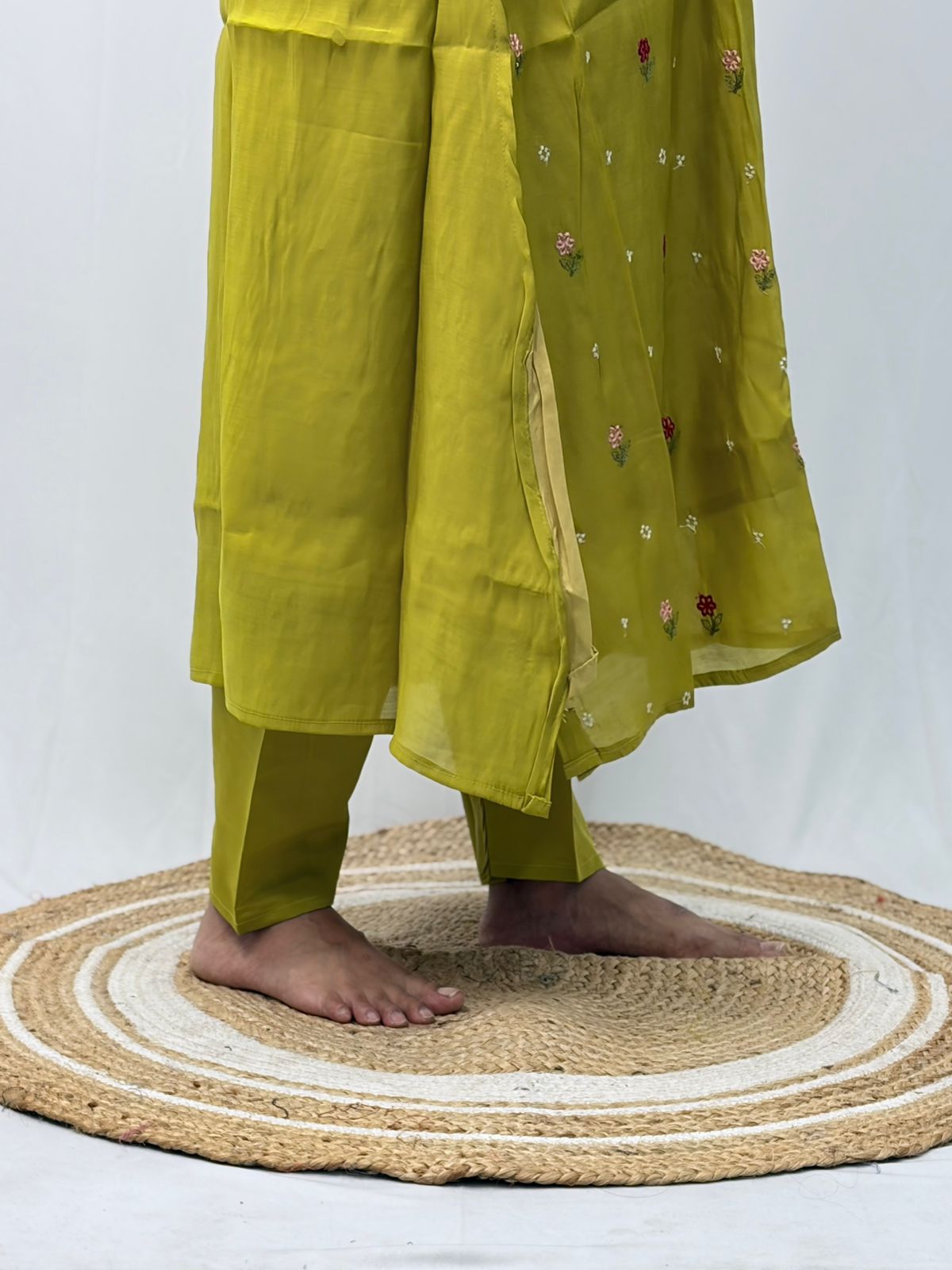 Pista Green Floral Embroidered 3 Piece Set