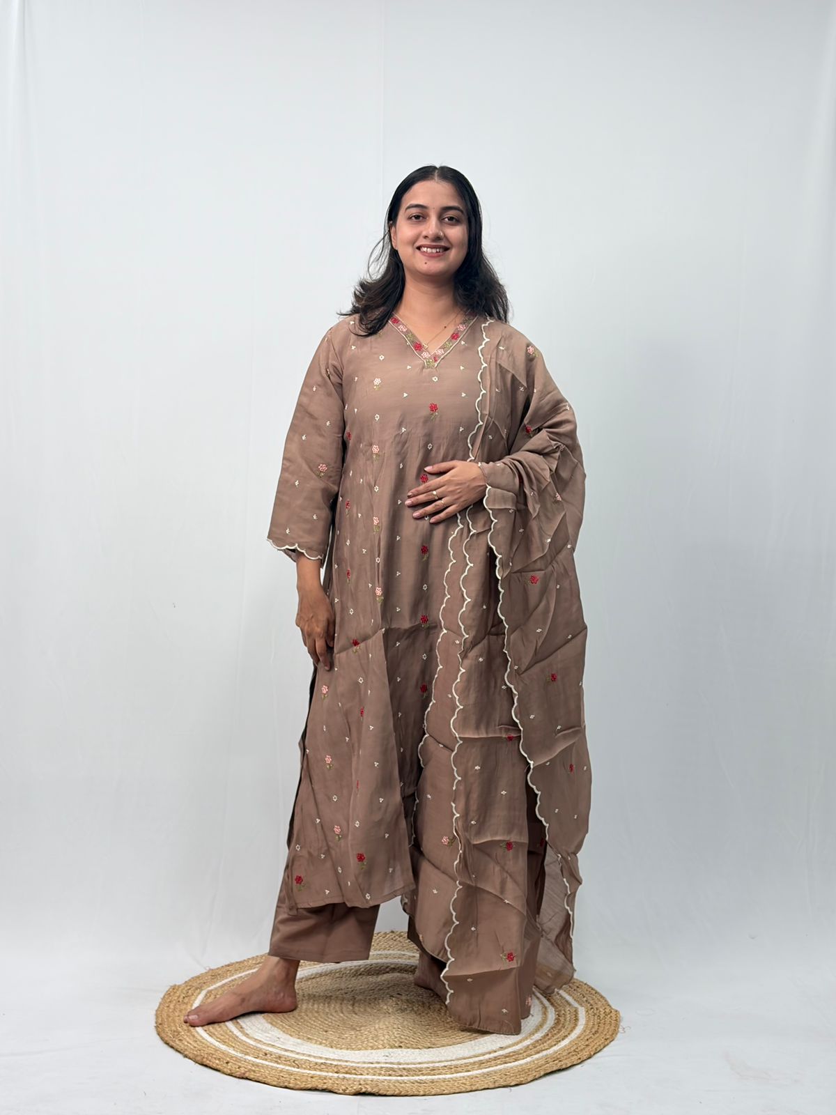 Brown Floral Embroidered 3 Piece Set