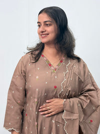 Brown Floral Embroidered 3 Piece Set