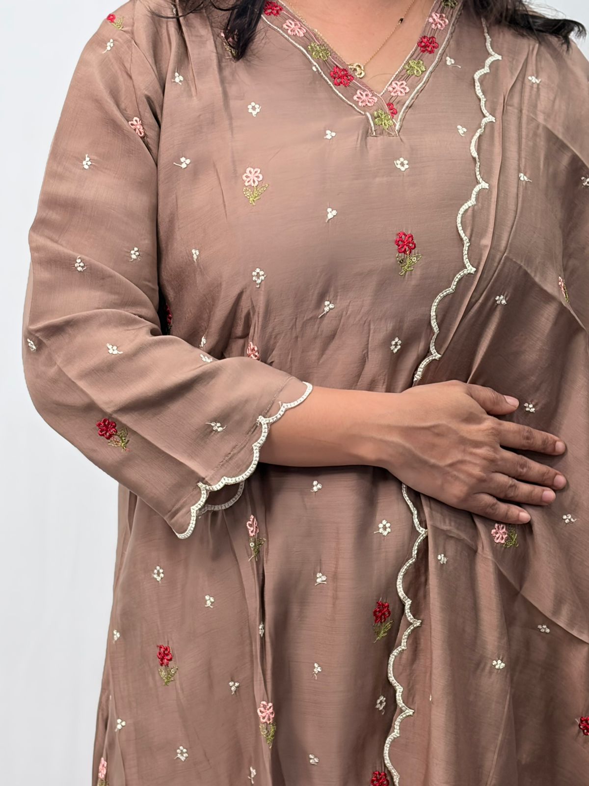 Brown Floral Embroidered 3 Piece Set