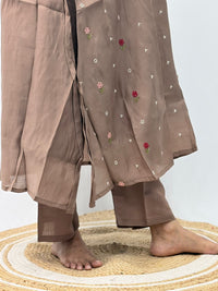 Brown Floral Embroidered 3 Piece Set