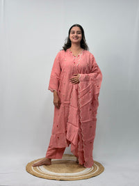 Pastel Peach Floral Embroidered 3 Piece Set