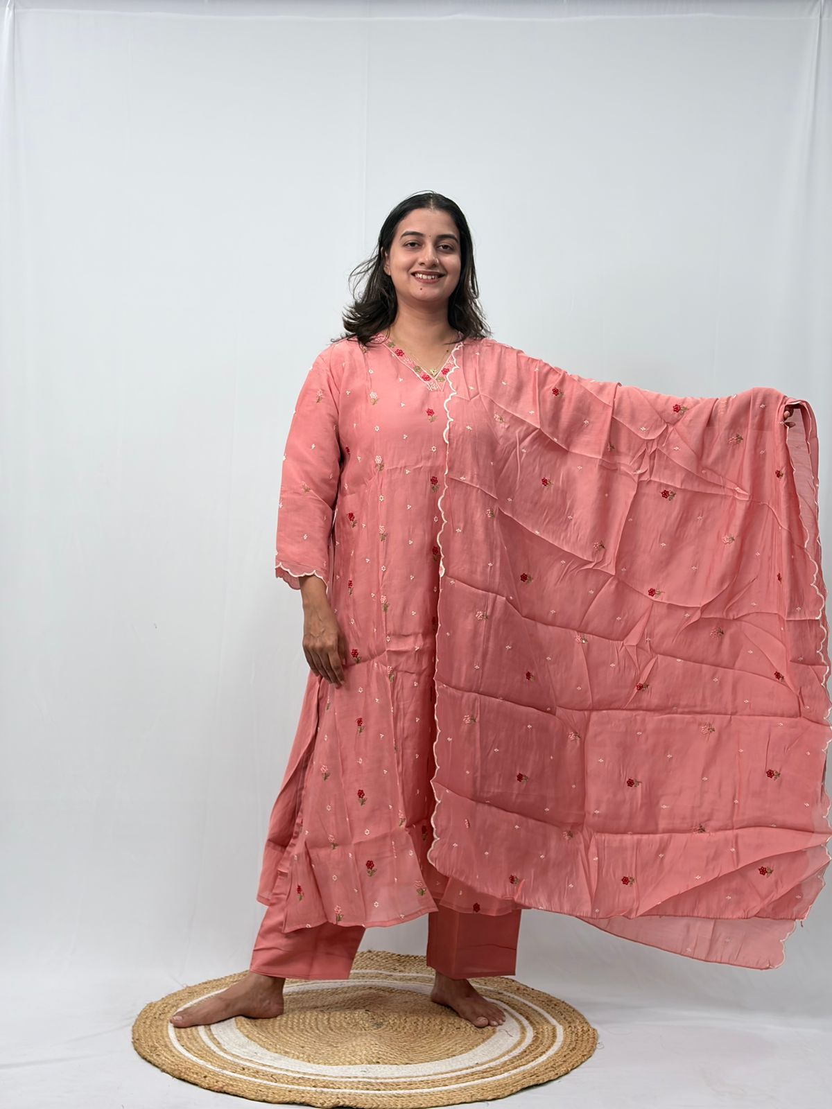 Pastel Peach Floral Embroidered 3 Piece Set