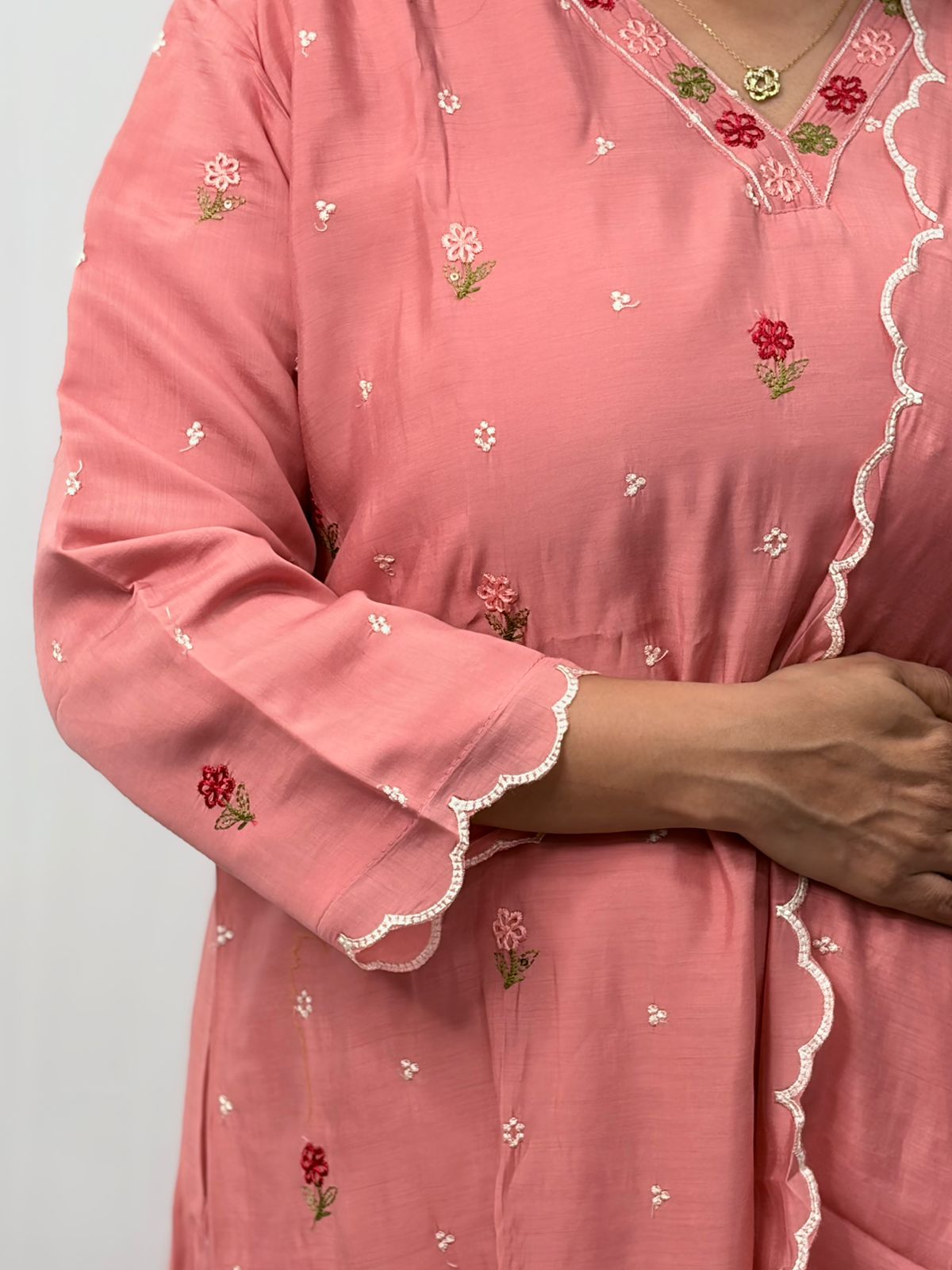 Pastel Peach Floral Embroidered 3 Piece Set