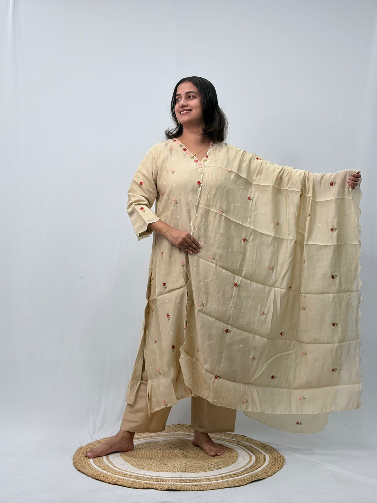 Ivory Floral Embroidered 3 Piece Set