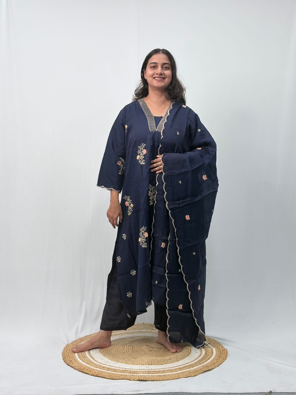 Navy-Blue Floral Embroidered 3 Piece Set