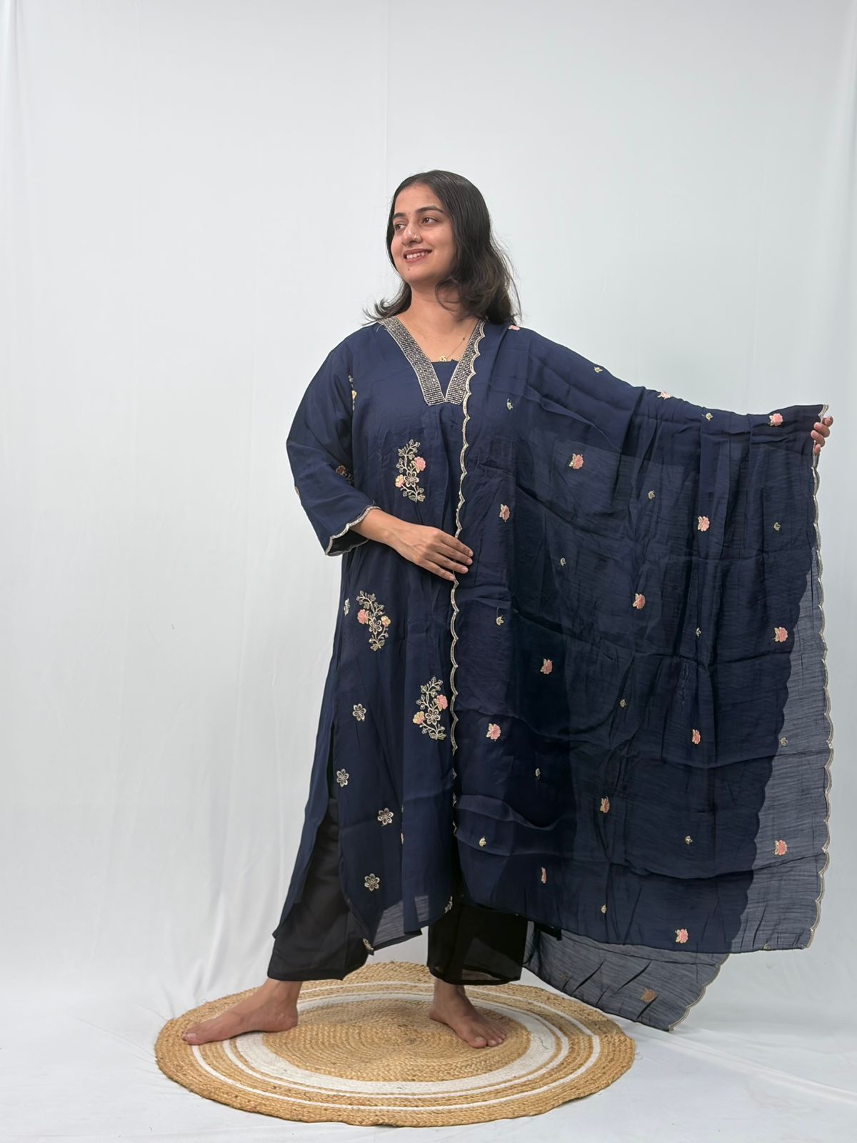 Navy-Blue Floral Embroidered 3 Piece Set