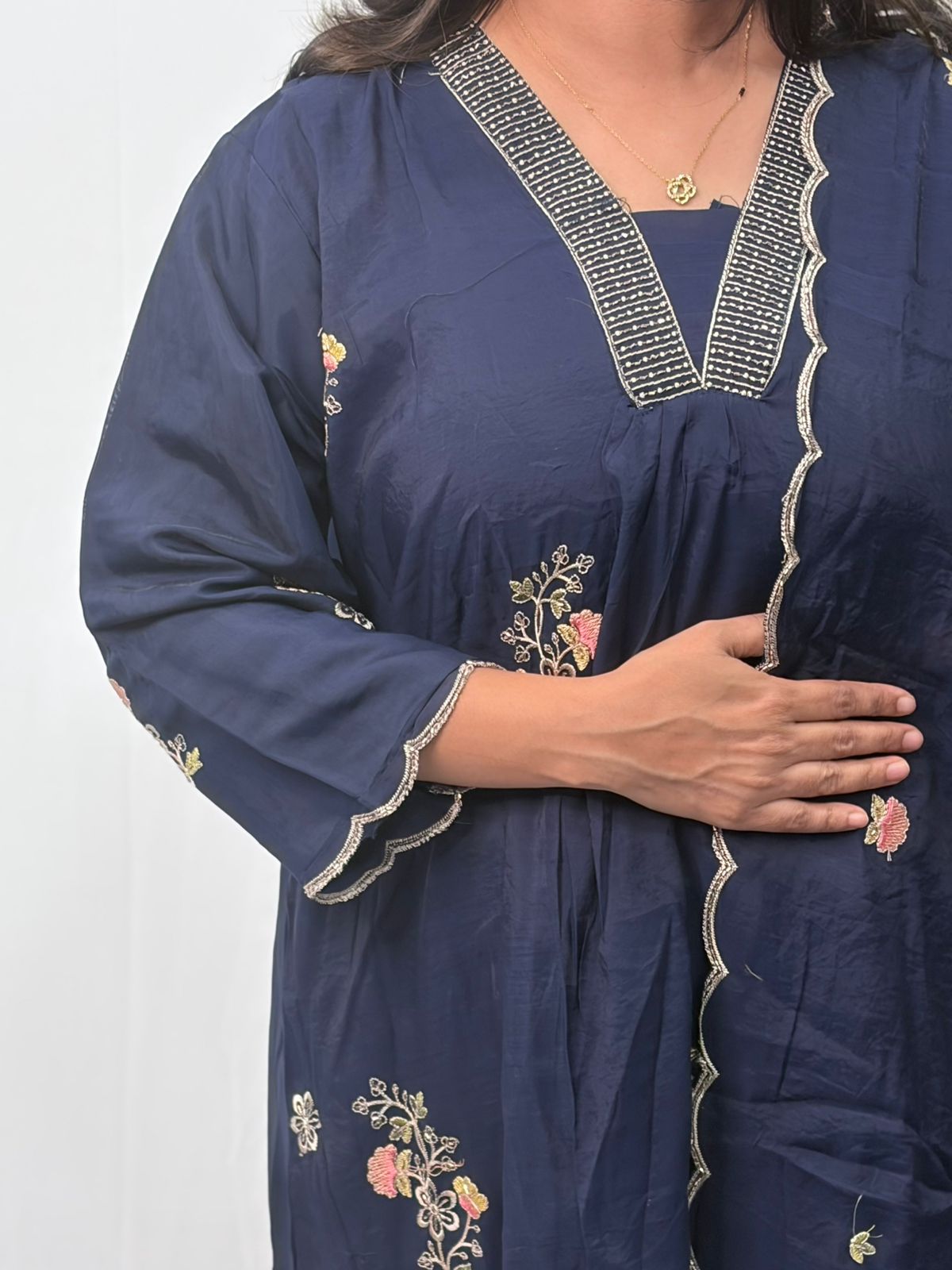 Navy-Blue Floral Embroidered 3 Piece Set