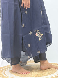Navy-Blue Floral Embroidered 3 Piece Set