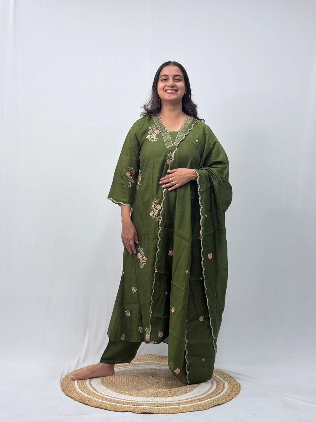 Olive Green Embroidered 3 Piece Set
