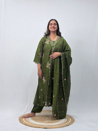 Olive Green Embroidered 3 Piece Set