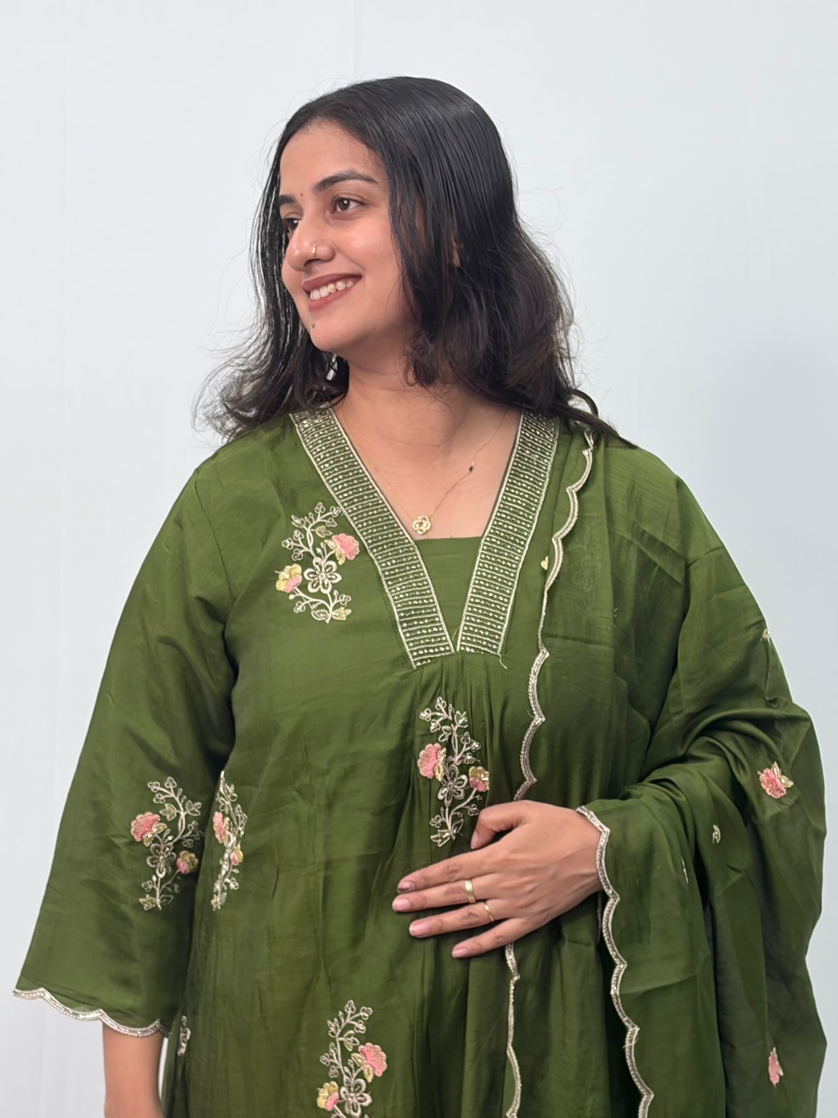 Olive Green Embroidered 3 Piece Set