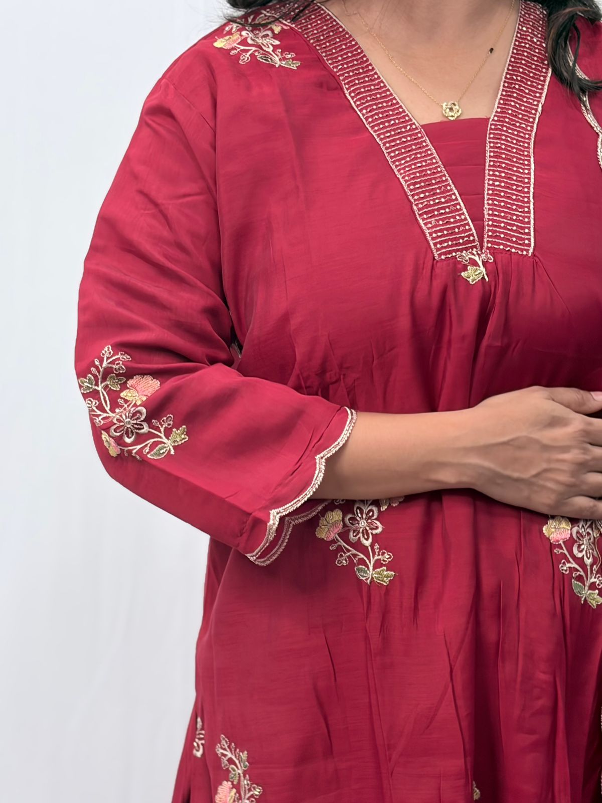 Maroon Embroidered 3 Piece Set
