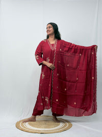 Maroon Embroidered 3 Piece Set