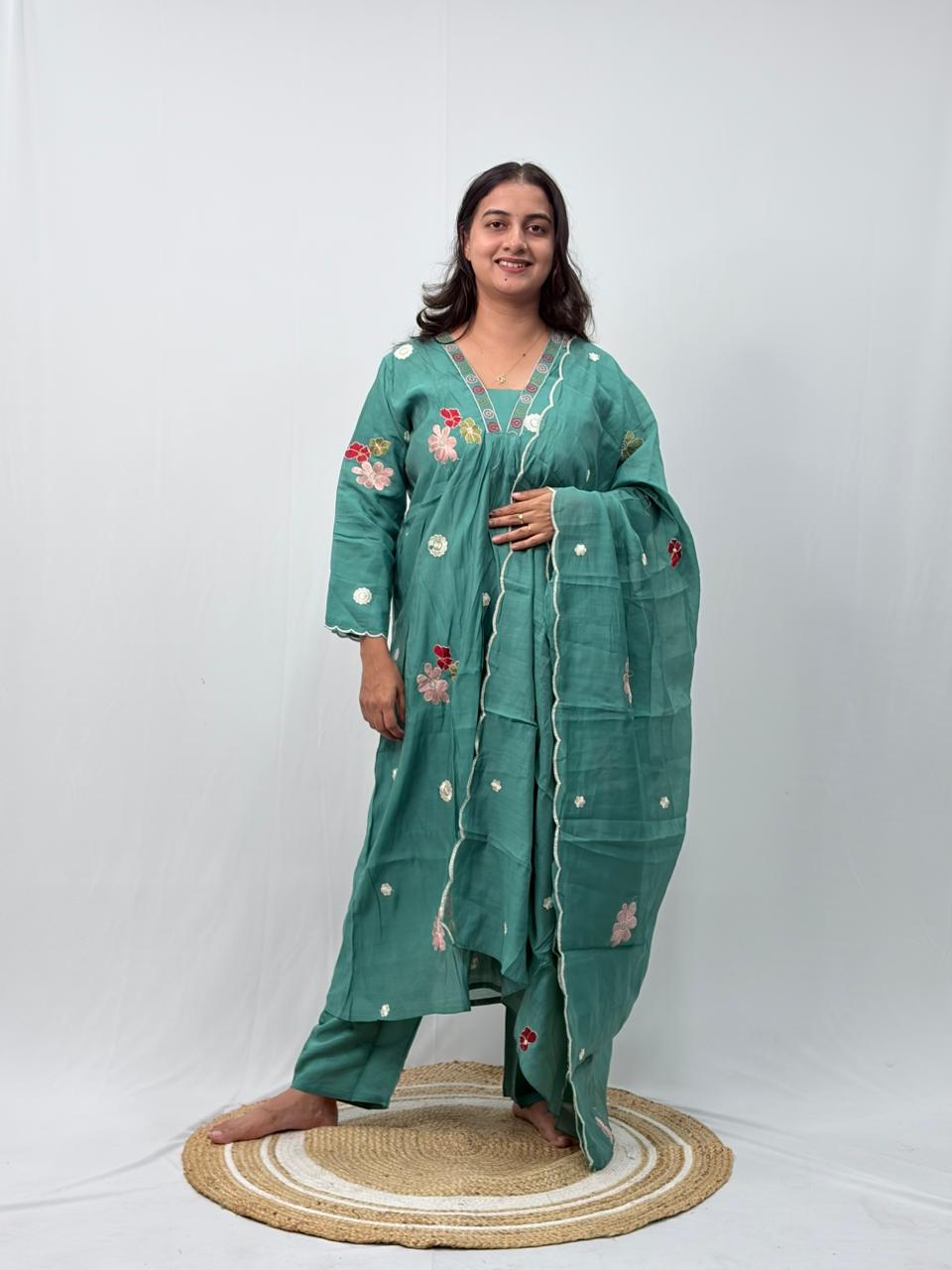 Green Floral Embroidered 3 Piece Set