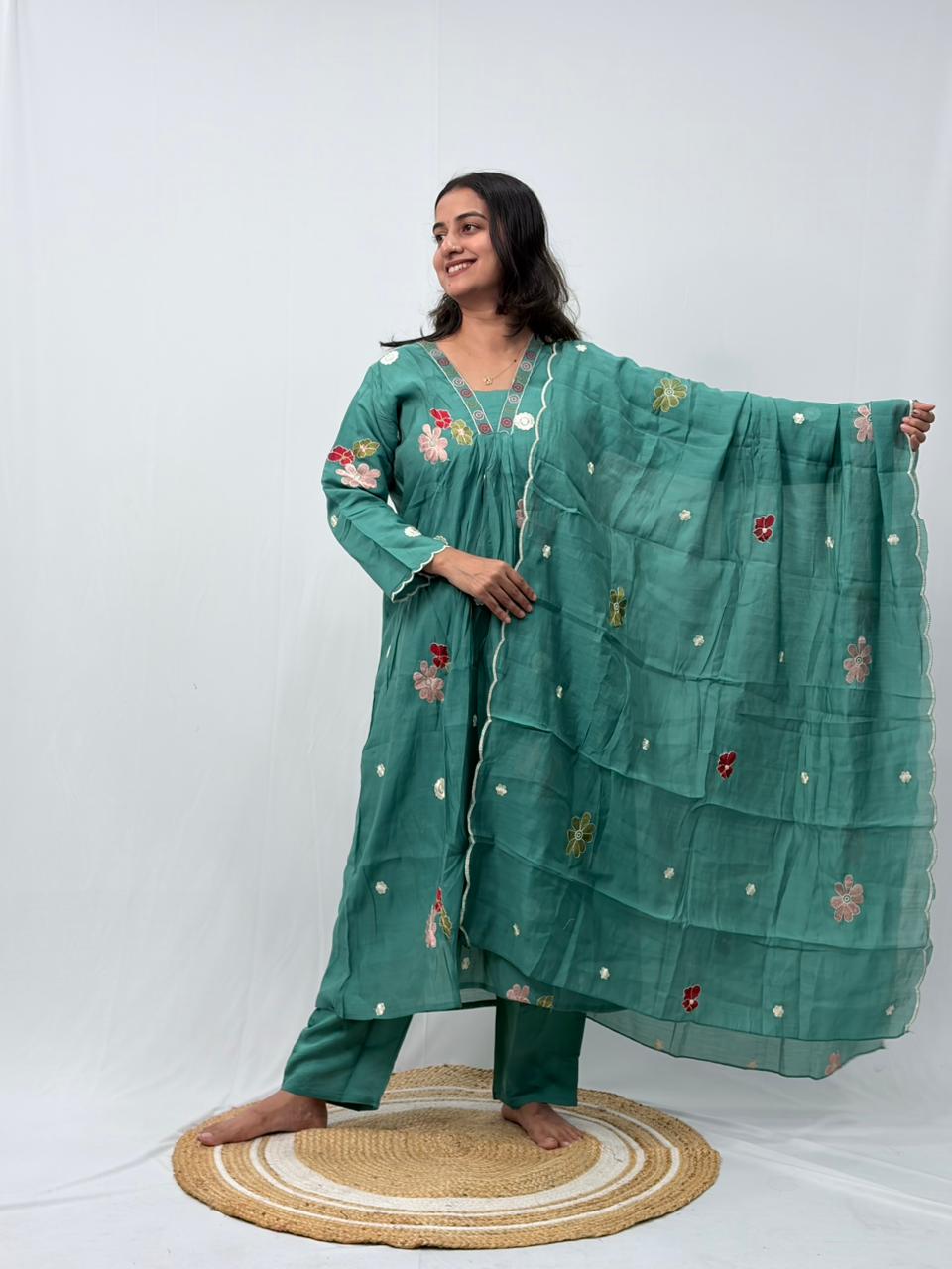 Green Floral Embroidered 3 Piece Set