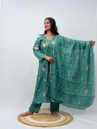 Green Floral Embroidered 3 Piece Set