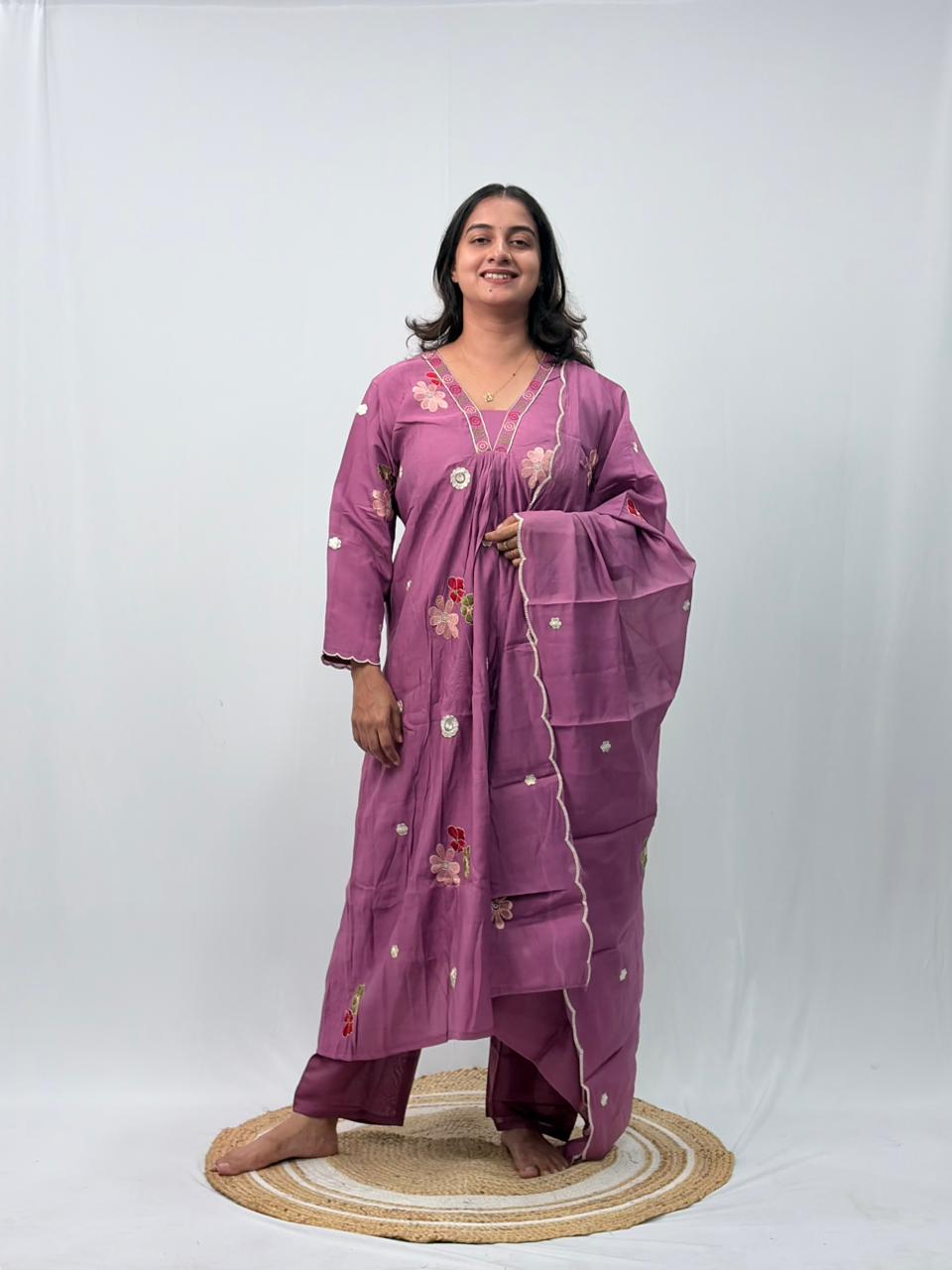 Mauve Pink Floral Embroidered 3 Piece Set