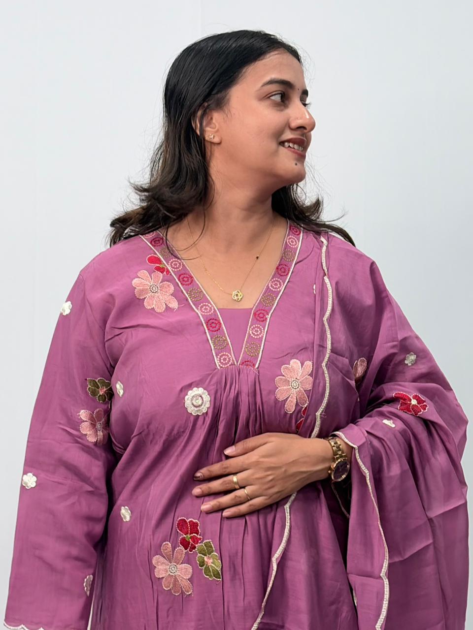 Mauve Pink Floral Embroidered 3 Piece Set
