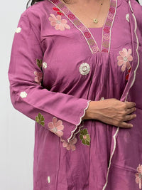 Mauve Pink Floral Embroidered 3 Piece Set