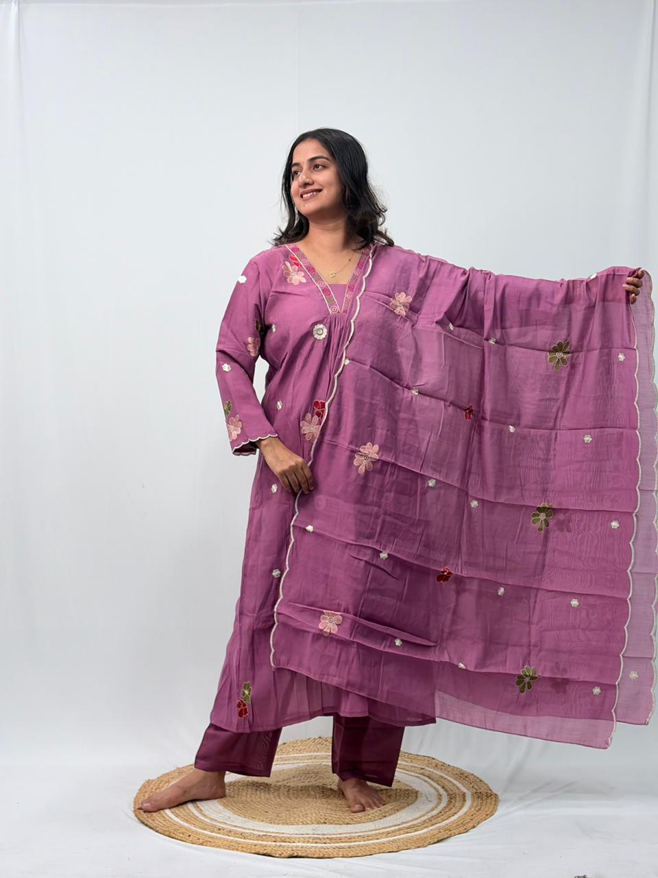 Mauve Pink Floral Embroidered 3 Piece Set