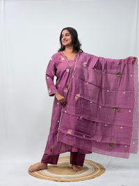 Mauve Pink Floral Embroidered 3 Piece Set