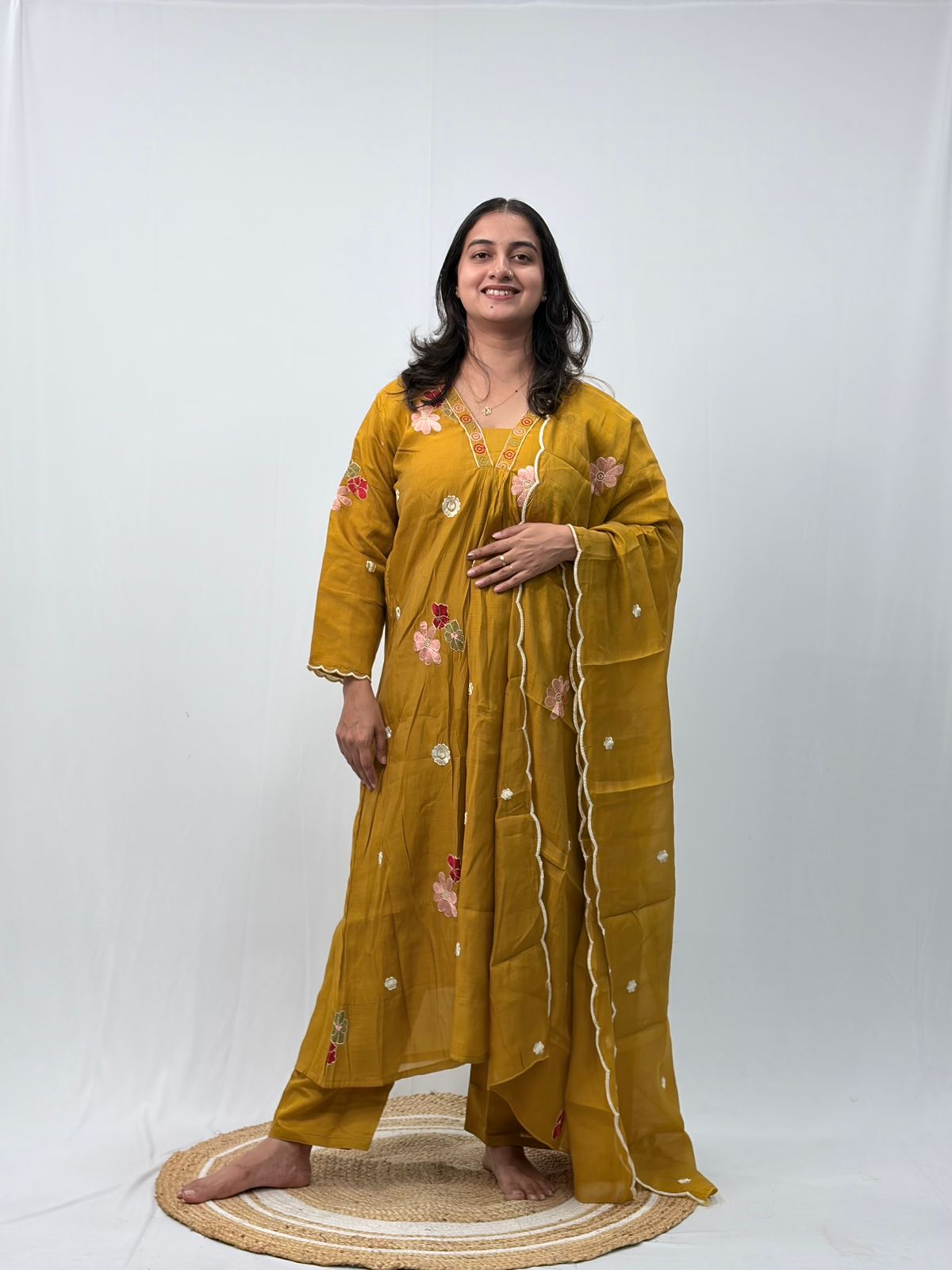Mustard Yellow Embroidered 3 Piece Set