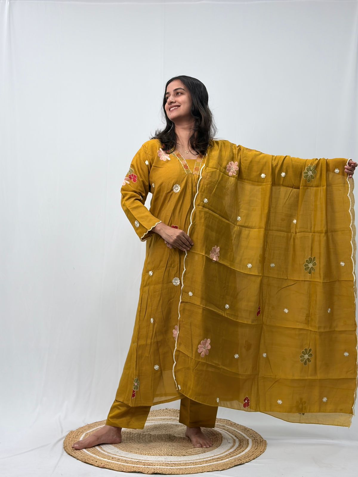 Mustard Yellow Embroidered 3 Piece Set
