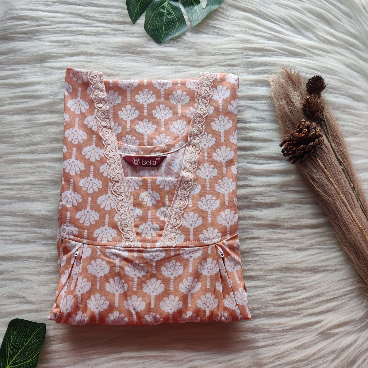 White Floral Printed Pale Orange Premium Cotton Two Side Vertical Lace Zip Feeding Nighty | Free Size | Chest Width 44″| Length 56″
