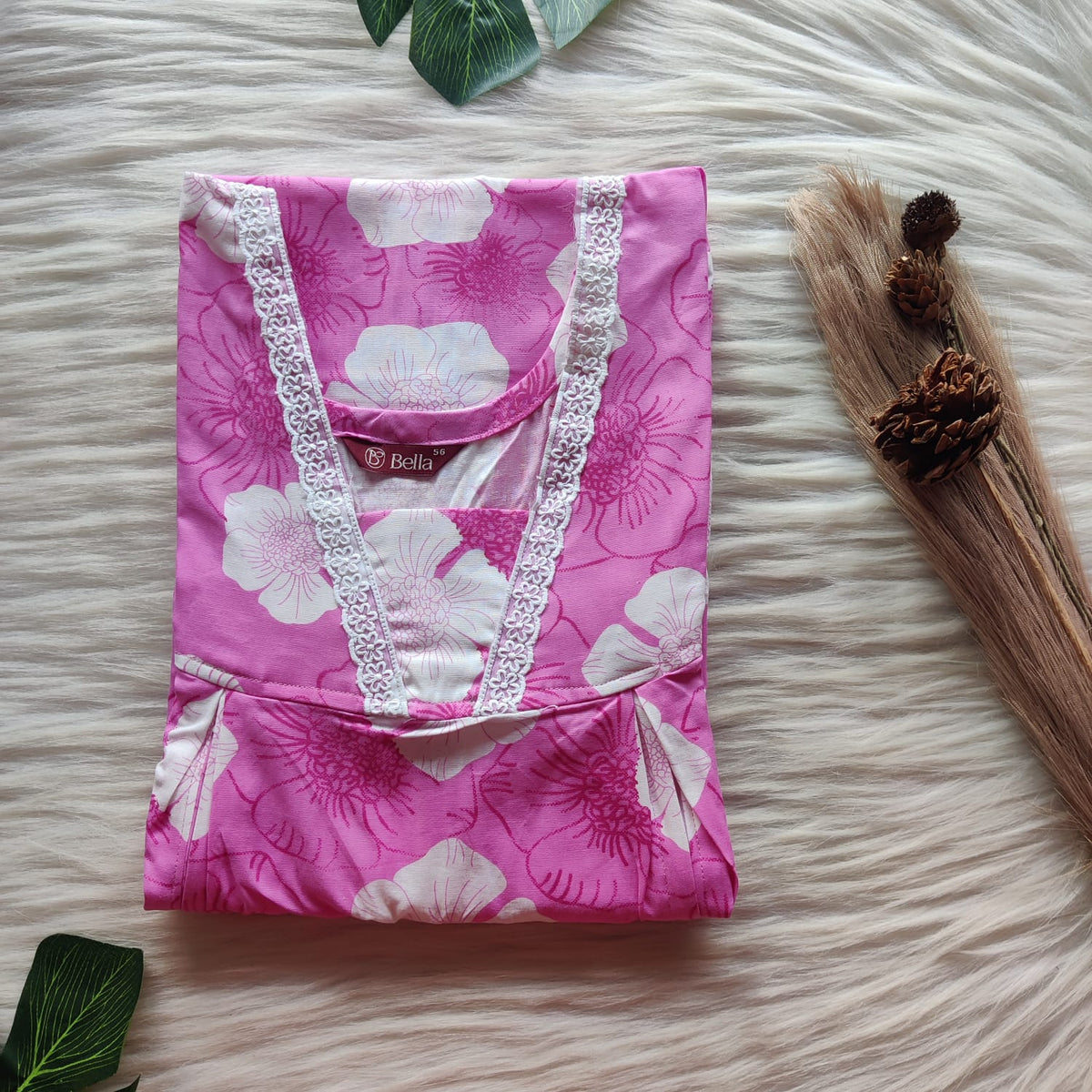 White Floral Printed Pink Premium Cotton Two Side Vertical Lace Zip Feeding Nighty | Free Size | Chest Width 44″| Length 56″