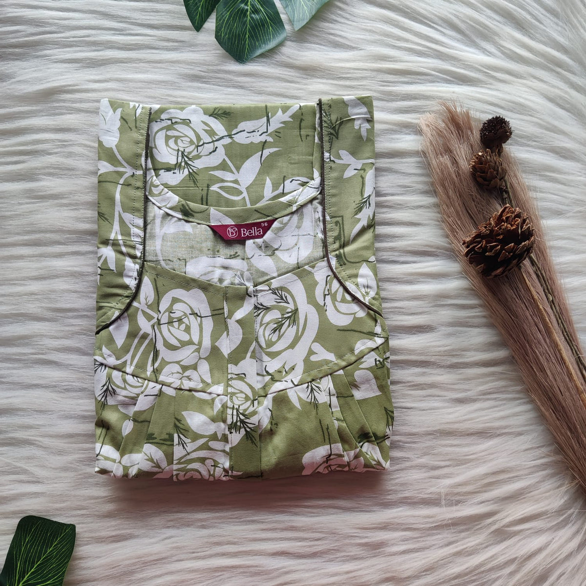 White Floral Printed Green Premium Cotton Pleated Zip Nighty | Free Size | Chest Width 44″| Length 54″-55″